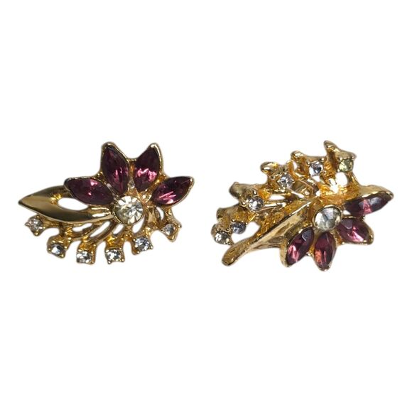 Vintage Purple Clear Rhinestone Gold Tone Floral Clip On Screw Back Earrings - Picture 2 of 7